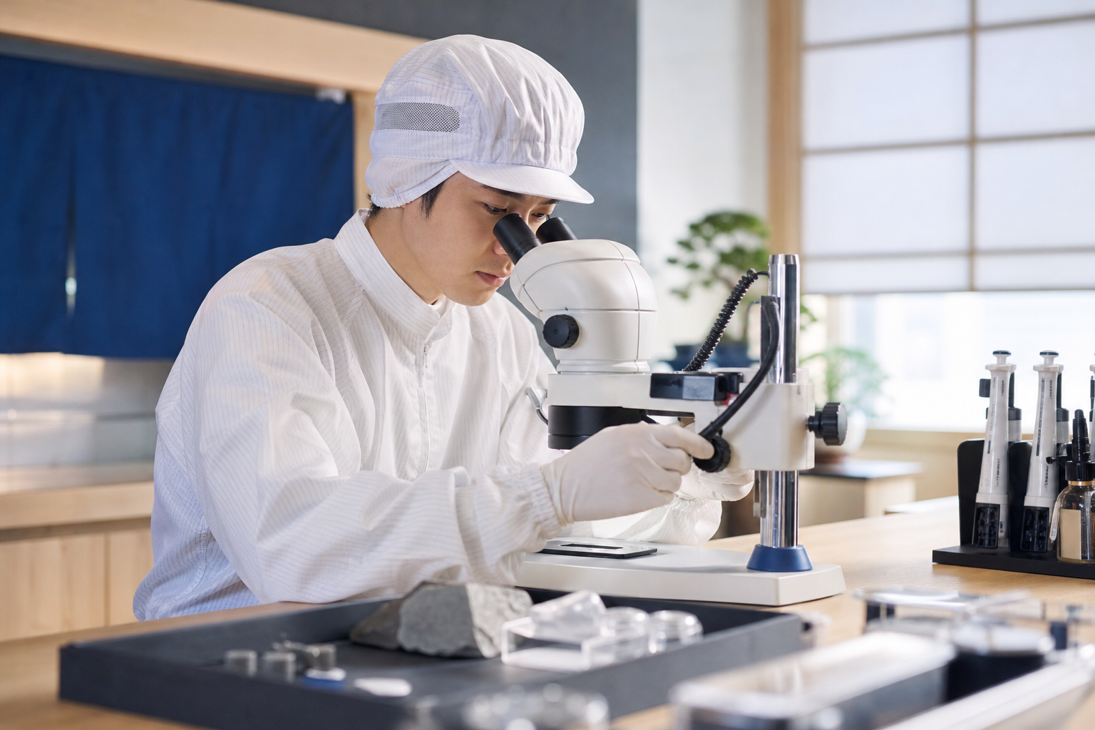 クリーンルーム着の技術者が実体顕微鏡で材料サンプルを検査する日本の試験ラボ
